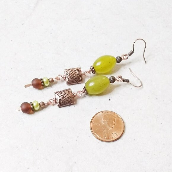 Boho! Unique & Handmade EarCandy! Embossed Copper + Jade + Recycled Glass Beads - Picture 1 of 7